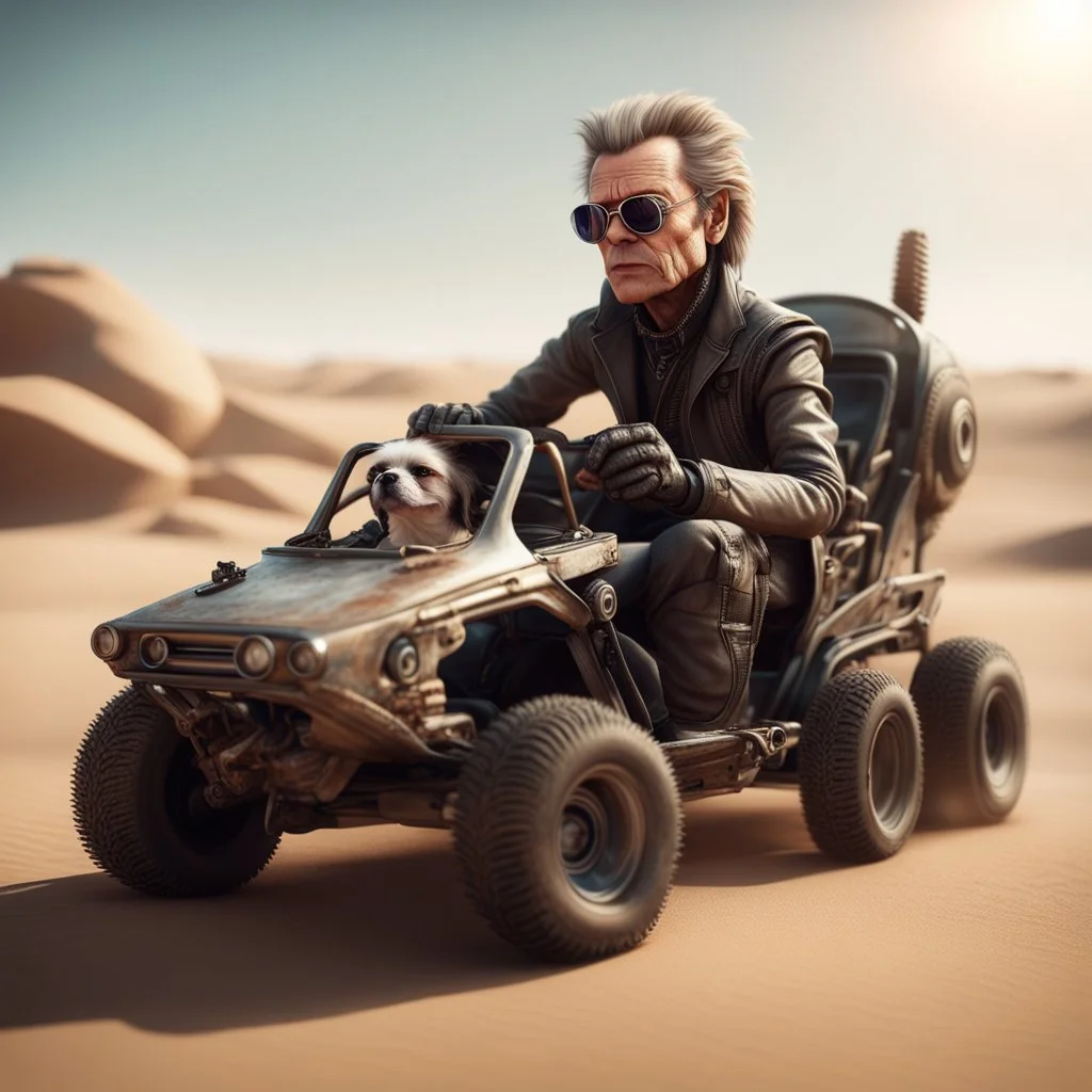 airbrush with pen outline, cool space mad max pimp Christopher Walken gremlin with a dune buggy that looks a bit like a dog wearing driver gloves, wearing flip down sun glasses, in the style of a fallout 4,bokeh like f/0.8, tilt-shift lens 8k, high detail, smooth render, down-light, unreal engine, prize winning