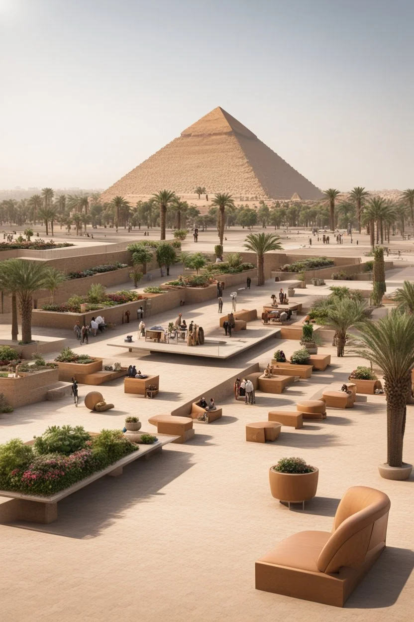 public area of the pyramids, including modern seating areas with planters, sweet cars, and tourist bazaars.