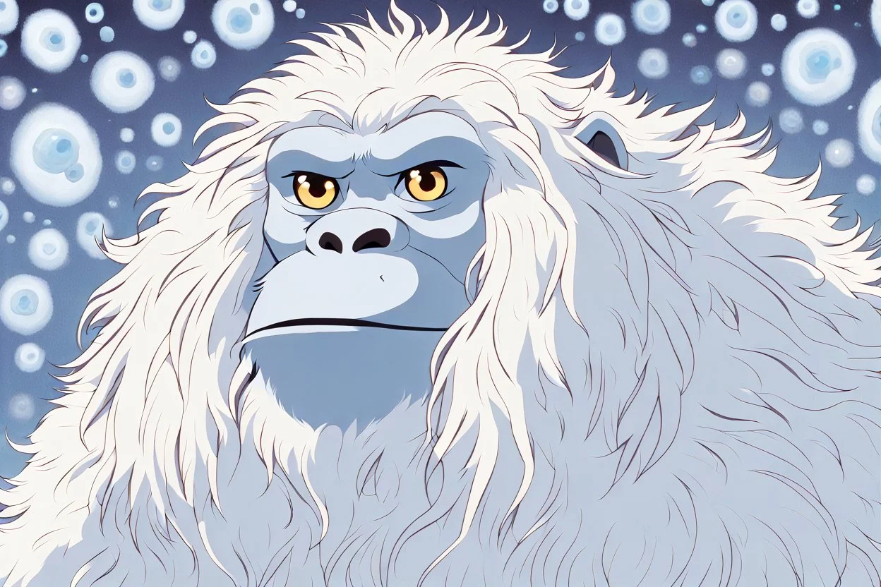 In a Studio Ghibli-inspired setting, a close-up portrait of the gender-neutral yeti, Dr. Yara 'Epi-Yeti' Yutani, highlights their kind, sparkling eyes and the silvery texture of their fur. The background subtly integrates artistic depictions of microbes and epidemiological concepts, representing their expertise and achievements.