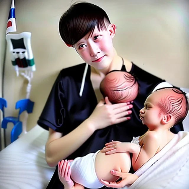 Russian tomboy boyish boylike short man's haircut boyish features in black girlish nightgown in hospital with newborn baby