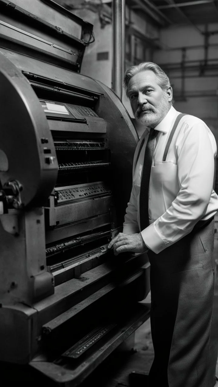 italian strong chubby 55 year old man in smart gray suit, unbuttoned shirt, short beard, shirtless, printer in an old printing house, next to a huge old printer, dim light, side light, ambient occlusion