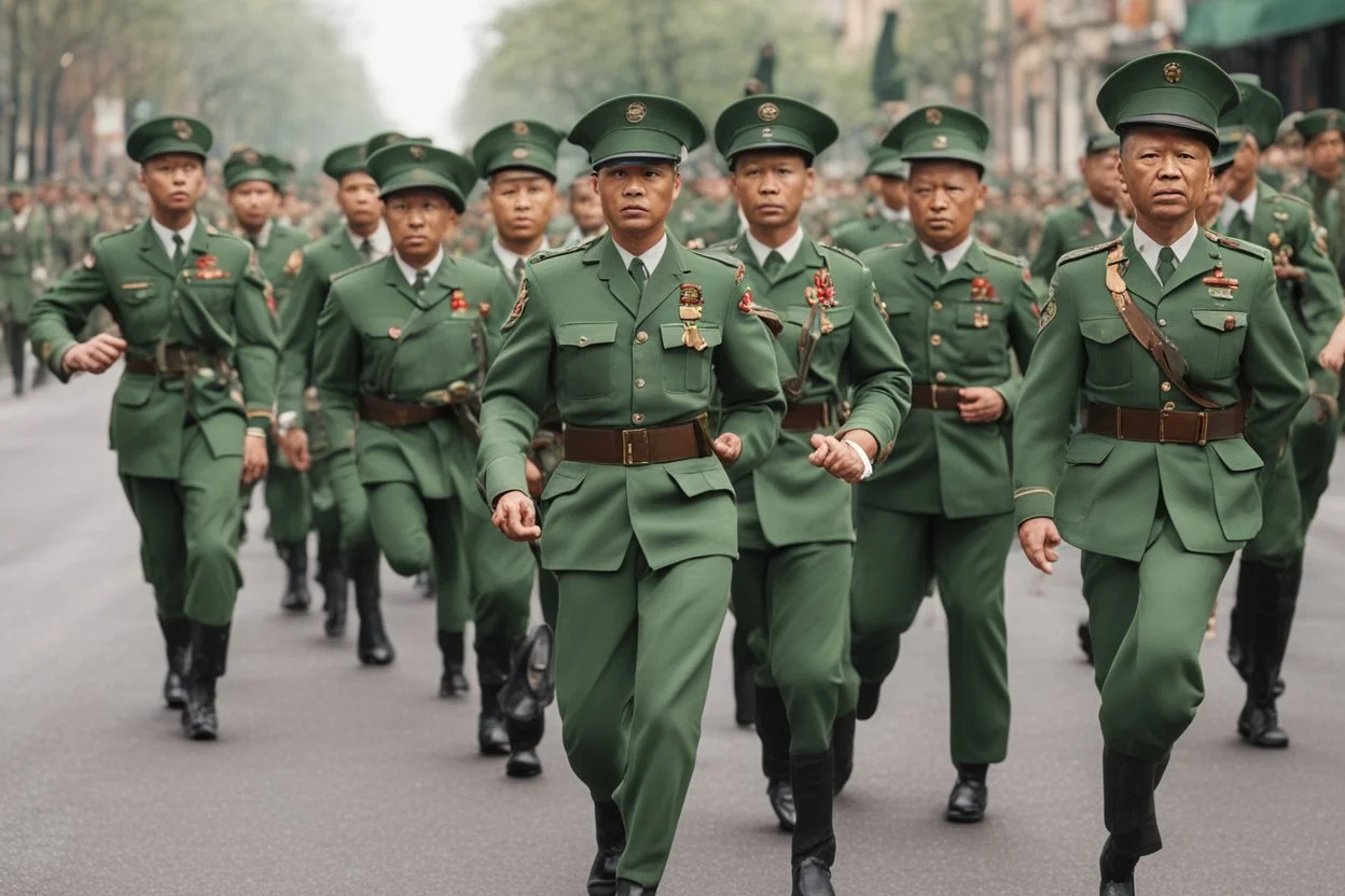 Soldiers marching in formation; military parade; tight formation; shoulder to shoulder; marching along a street; green uniforms; medals and insignia; weapons in hands;