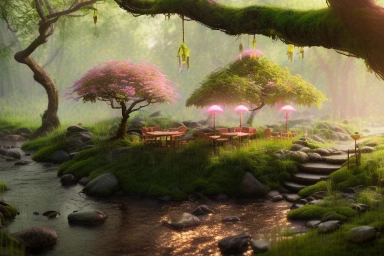 Magical fantasy elven cafe forest rivendell tree flower pink green yellow beautiful nature river moss sunlight