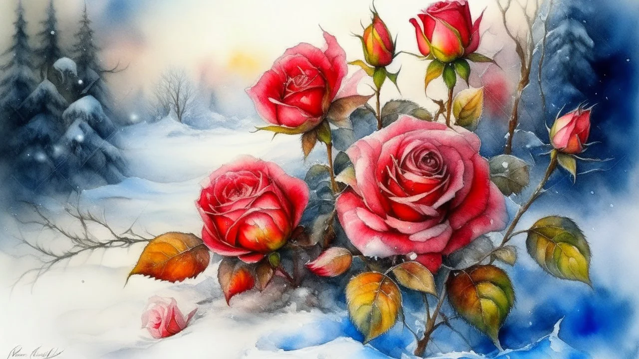 magic Winter landscape, blooming roses in the snow. Jean-Baptiste Monge style, watercolor, ink. Picturesque and colorful. Bright colors of the ring exquisitely luxury chic aesthetics photo harmony professional photo 64K pixel graphics high detail bright lighting