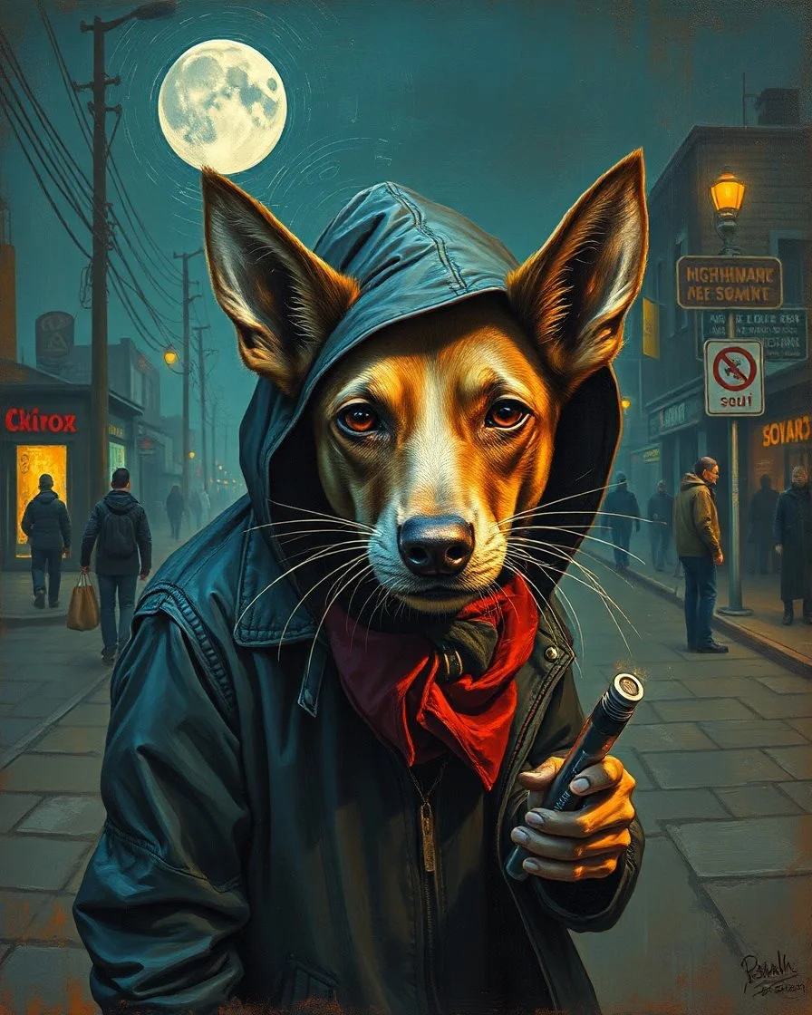 Bosch painting style ,nightmare, street baggers, hashish smoker , prostitute stray dogs and cats,