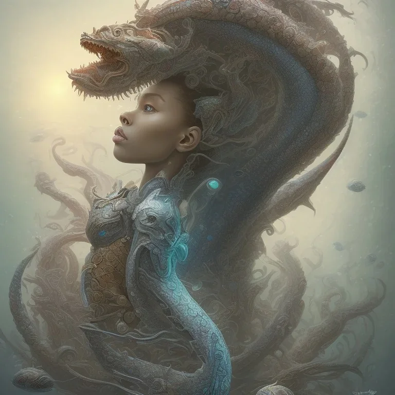 sango fantasy, fantasy magic, intricate, sharp focus, illustration, highly detailed, digital painting, concept art, matte, artgerm and paul lewin and kehinde wiley, masterpiece sexy lips Asian afro lips black African lady body mermaid Dragon fish head blue space lady sea under water mermaid seaweed pyramid