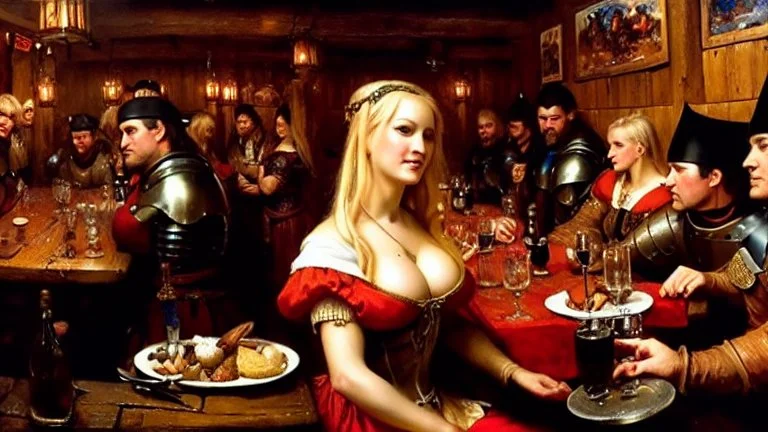 fullbody portrait 'beautiful face blonde massiveboobs medieval wench on tavern in medieval city',painting by gaston bussiere, greg rutkowski, yoji shinkawa, yoshitaka amano, tsutomu nihei, donato giancola, tim hildebrandt, oil on canvas, cinematic composition,sharp image, extreme detail,((fit full head inside picture)),32k