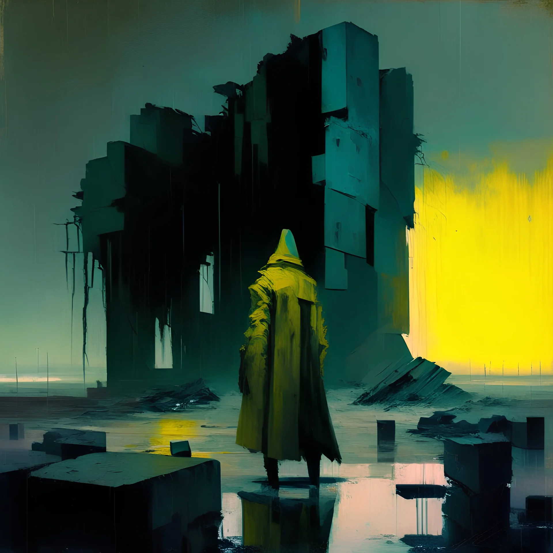 Dystopian future Wearing a trench coat. In desolate landscape at night. With a brutalist architecture concrete decaying blocks falling. Abstract oil painting in style of Justin Mortimer