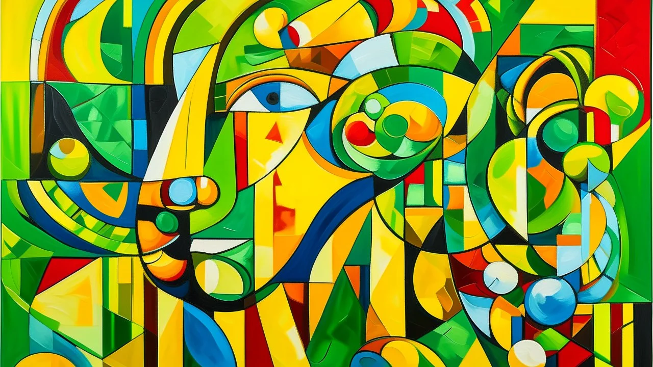 Abstract artwork that combines elements of Cubism and Fauvism, characterized by bold colors and geometric shapes. The painting is composed of various shapes and textures that blend seamlessly together. In the foreground, there is a face-like shape with a large, exaggerated nose and mouth, depicted in shades of yellow, green, and white. Below this, there is a green bird-like figure with a red beak. To the right, a large, pink pig with a yellow snout and ears is depicted. The background features a