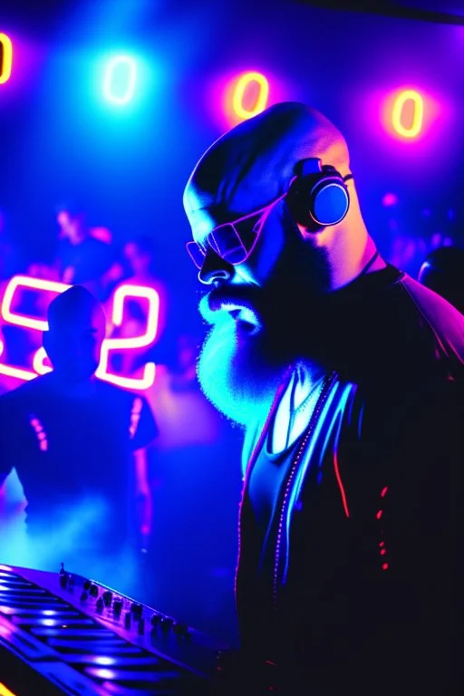 A DJ performing at dance club, his name DJ ROY and looks crazy, bald with beard. Neon lights and smog