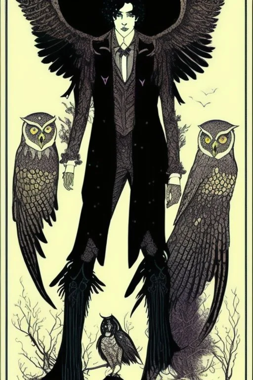 Black haired, owl-man, Skinny, warlock, with black wings, and owl legs, in the style of Harry Clarke