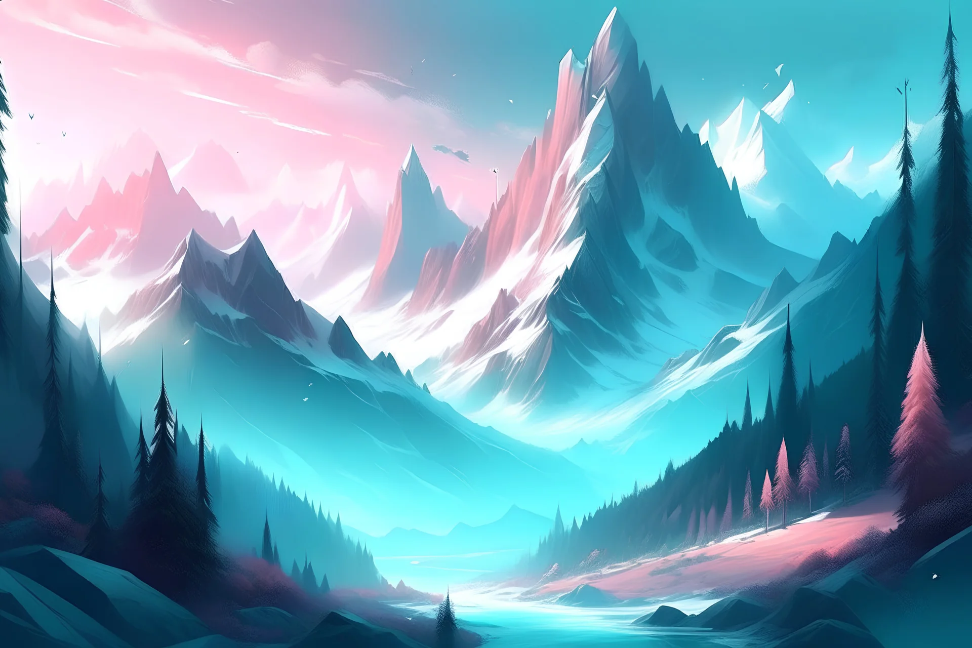 landscape in style of rossdraws and wlop, mountains, hyperrealistic, cinemaographic