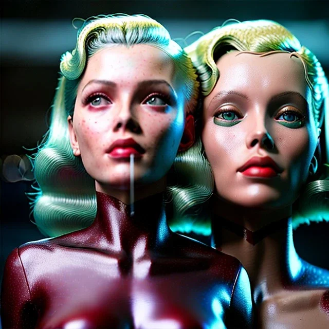 Ultra Realistic retro sci-fi movie burst Supermarket parking scene, 1960 year, waist up view portrait, blonde woman, sweet scarlet Johansson face, perfect iris, glow eyes, face makeup, tight latex coat; many panic people looking, Retro sci-fi style, soft color, highly detailed, unreal engine 5, ray tracing, RTX, lumen lighting, ultra detail, volumetric lighting, 3d, finely drawn, high definition, high resolution.