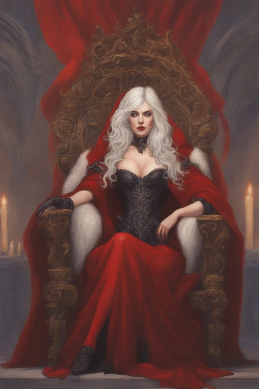 Beautiful white haired Vampire queen on her throne, drawing. Wearing a red cloak with a fur collar. Portrait, waist up