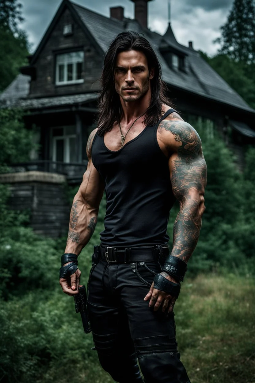 Handsome muscular alpha male, 30 years old, Dark eyes, Long brown hair, bare chest covered in tattoos and scars. wearing black combat trousers and heavy boots, hyperrealistic, 4k, dark fantasy, large house in the background