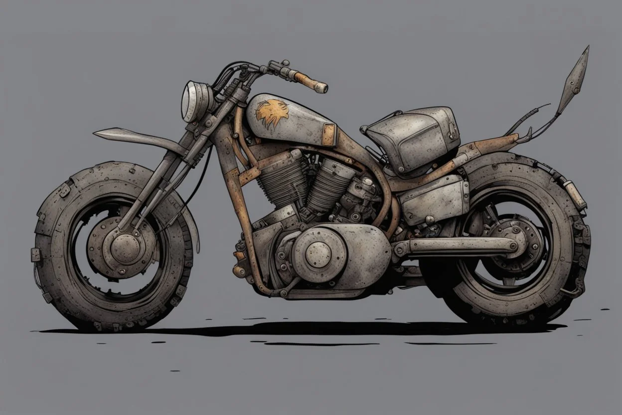 motorcycle, comic book,post-apocalypse, gray background,