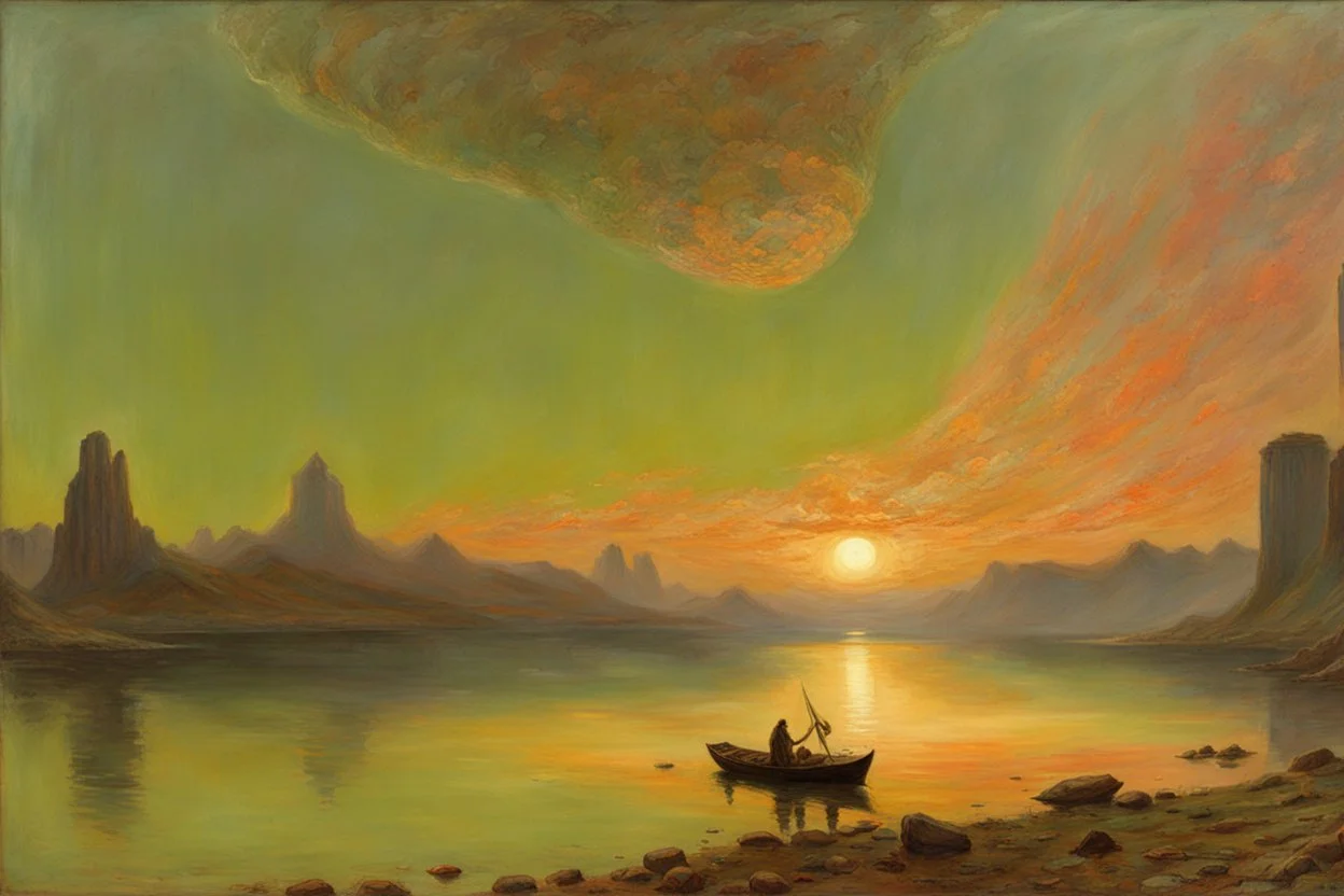 lake, sci-fi, mountains, galactic cosmic influence, friedrich eckenfelder and hans am ende impressionism paintings