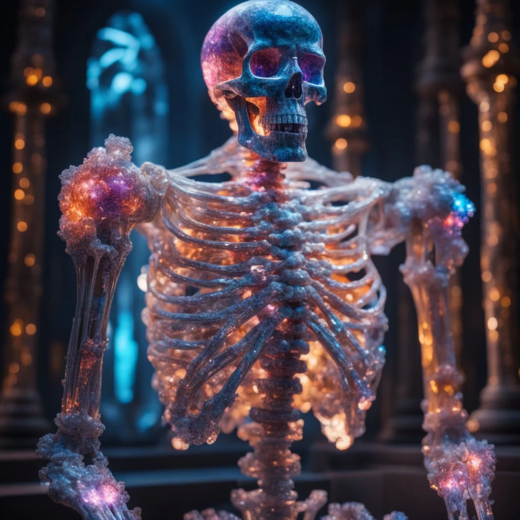 gigantic crystal skeleton made of marble, bright colors, glowing sparkle particles, dark tone, sharp focus, contrast, 8k, incredible depth, dramatic lighting, beautifully intricate details, clean environment, epic dynamic scene