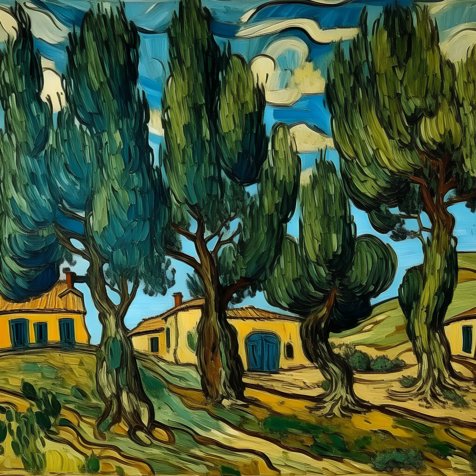 A bourg with olive trees in daytime painted by Vincent van Gogh