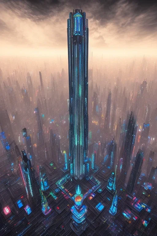 psychedelic skyscraper city, detailed, hd, mega, ultra realistic, very dark, night, mega structures, many structures