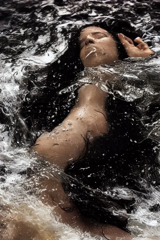 a beautiful woman, long curly black hair,closed eyes,coming from beneath the water,braking the surface with her face just coming out the water,looking up symbolism for breaking free. realistic,8k quality, action close shot from areal view,highly detailed , chaos 80