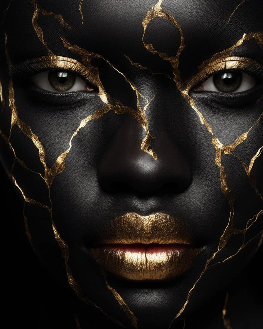 a beautiful black woman face made of kintsugi seam, photo realistic, 16K