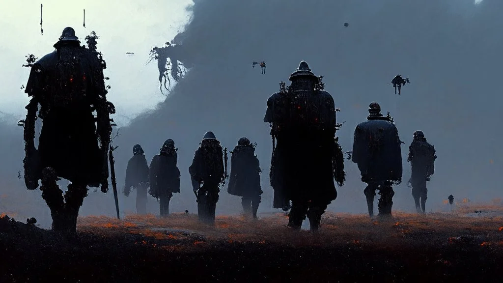 marching machine soldiers, creepy landscape, techno gothic visual composition, science fiction painting, Denis Sarazhin, Quint Buchholz, Simon Stålenhag, Neil Blomkamp, Christopher Shy, Alejandro Burdisio, RAW, gritty high contrast, atmospheric horror, unsettling art, dark palette, harsh colour