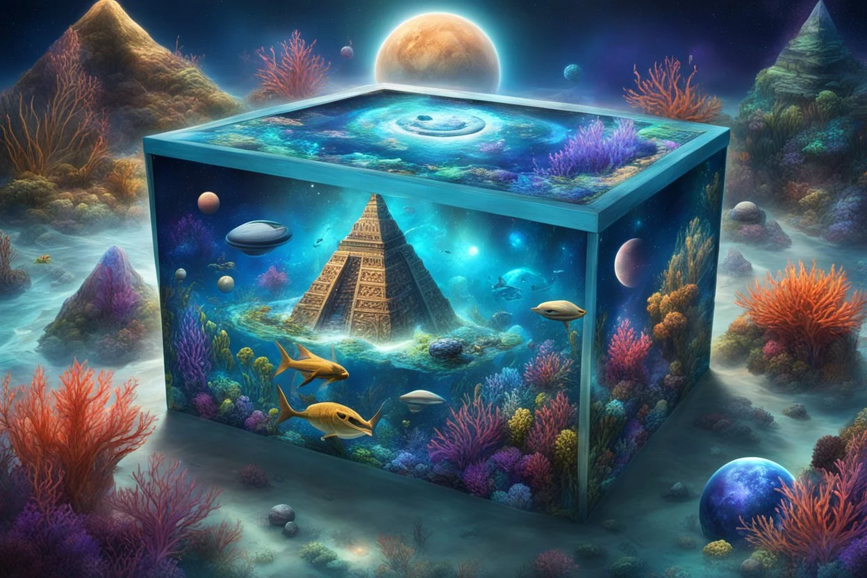 hyperrealistic, 4k, box for storing things with beautiful drawings a lot of colours, very detailed, subnautica, pyramid in the middle, sea plants, seal leviathan, few planets, space, galaxies,