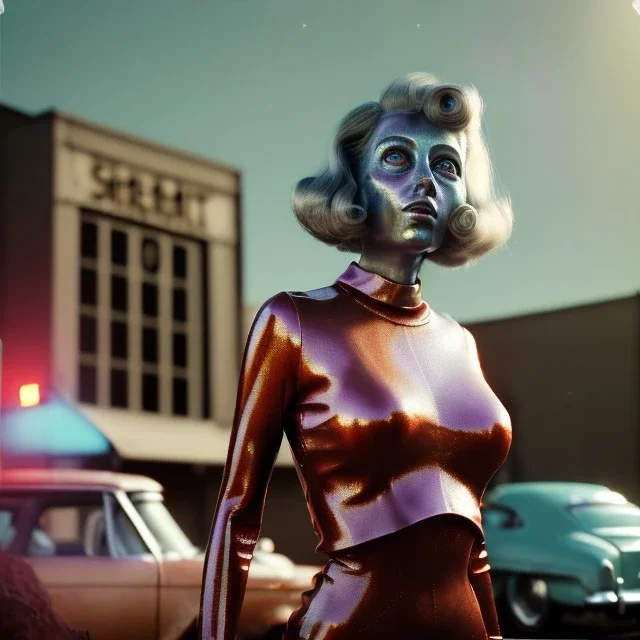 Ultra Realistic retro sci-fi movie explosion Supermarket parking people scene, 1960 year, waist up view portrait, 1 blonde women with monster octopus alien, sweet scarlet Johansson face, perfect iris, glow eyes, face makeup, tight latex coat. many people looking, Retro sci-fi style, soft color, highly detailed, unreal engine 5, ray tracing, RTX, lumen lighting, ultra detail, volumetric lighting, 3d, finely drawn, high definition, high resolution.