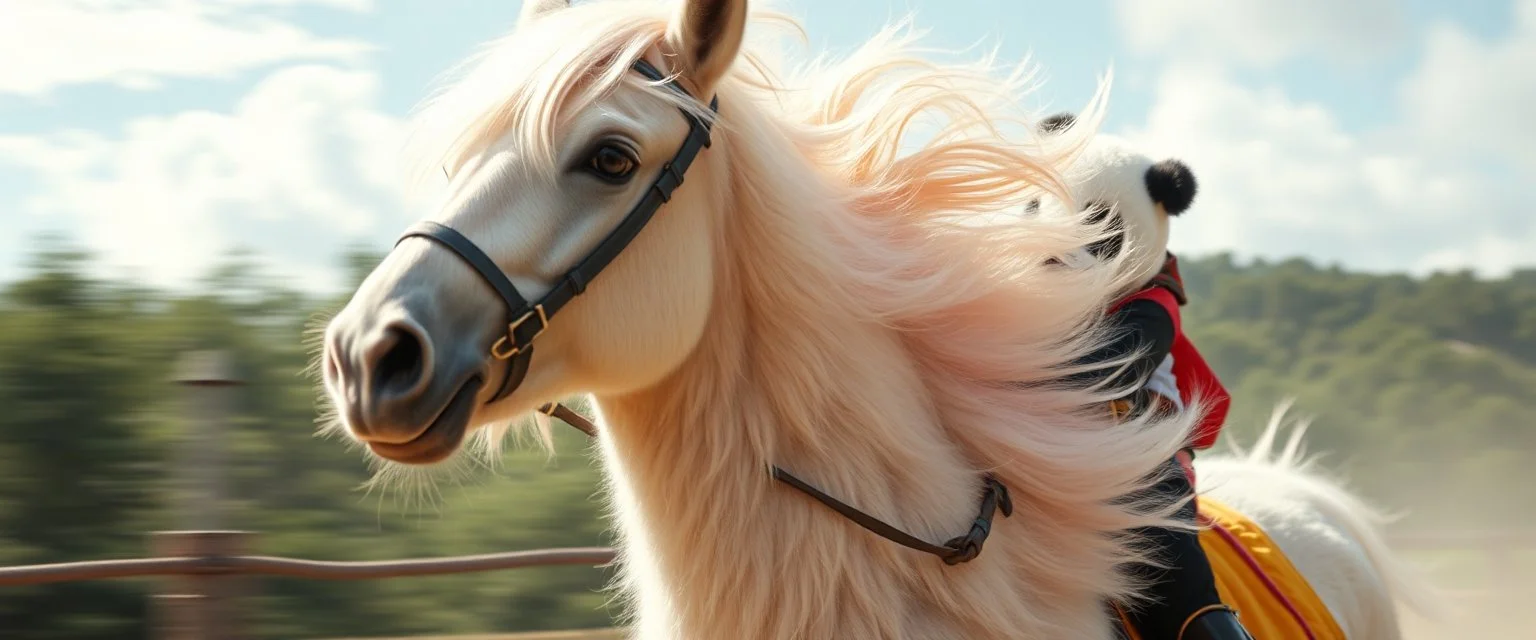 the high speed magical face of a fluffy horse with panda riders