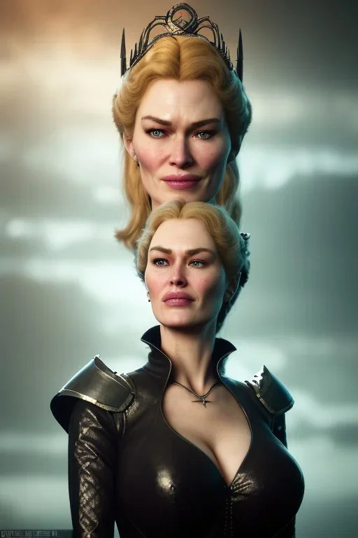 Cersei Lannister as evil queen in black leather, busty, cleavage, curvy, lena headay, angry, stern look. character design by cory loftis, fenghua zhong, ryohei hase, ismail inceoglu and ruan jia. unreal engine 5, artistic lighting, highly detailed, photorealistic, fantasy