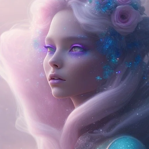 one big crystal glitter pink blue subtle galactic fairy in a galactic ambiance,glitter long blond hair down to the ground,transparent petals,blue eyes,delicate colors in the foreground, full of details, smooth，soft pink violet light atmosphere, light effect，vaporwave colorful, concept art, smooth, extremely sharp detail, finely tuned detail, ultra high definition, 8 k, unreal engine 5, ultra sharp focus