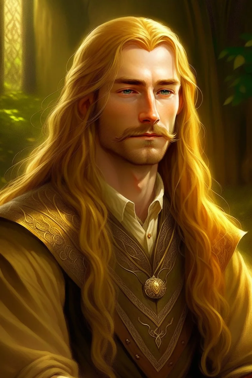 A young serene Lord Of The Rings like man with long golden hair that cascades gracefully, and short beard. His calm eyes, with blind pupils, reflect a depth of wisdom and inner peace. A gentle smile graces his face, adding warmth to his tranquil demeanor.