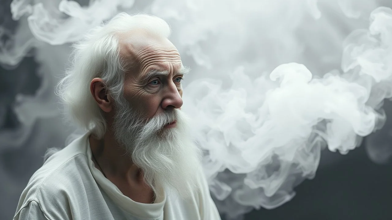 An old man all white form formed from white smoke