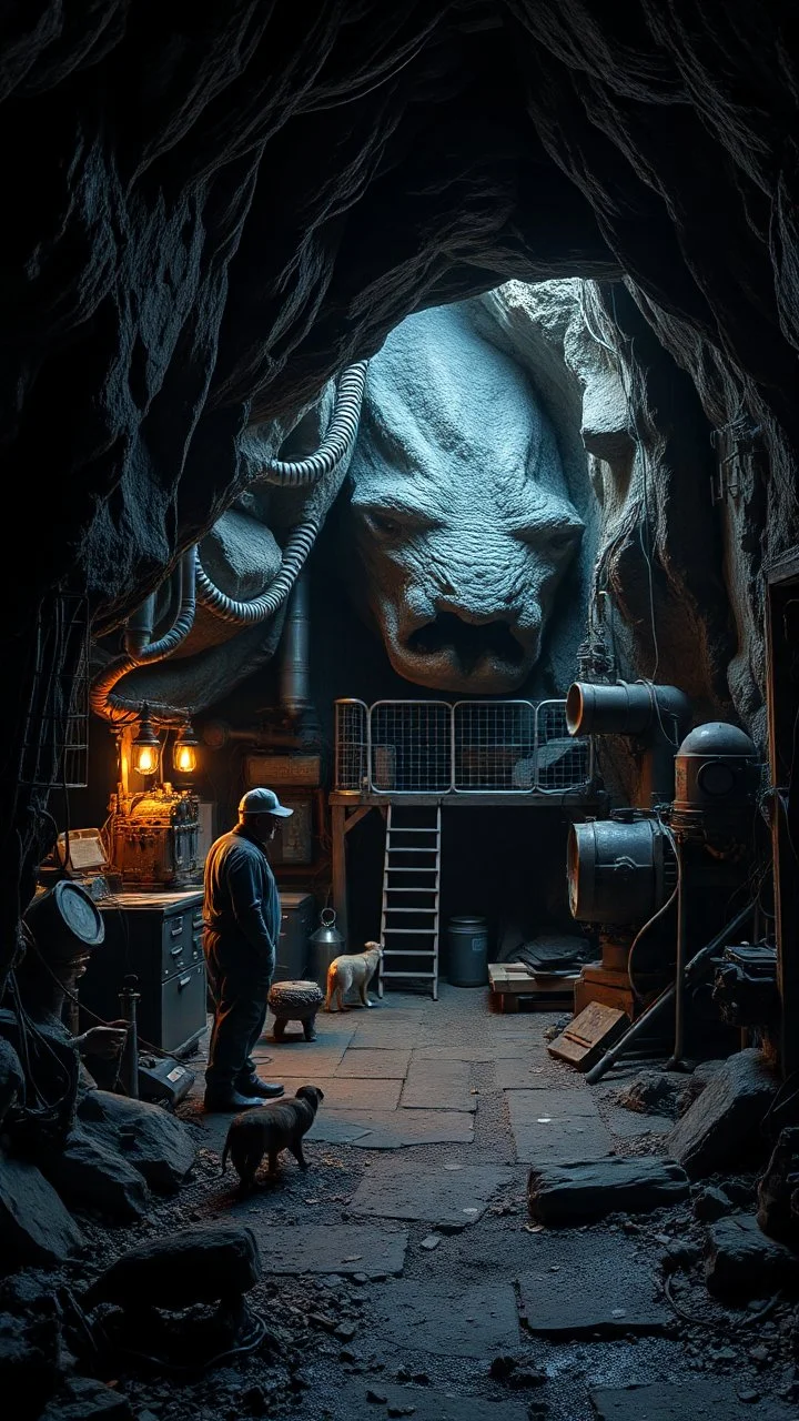 A secret cave full with equipments and engineers also a cage for animals