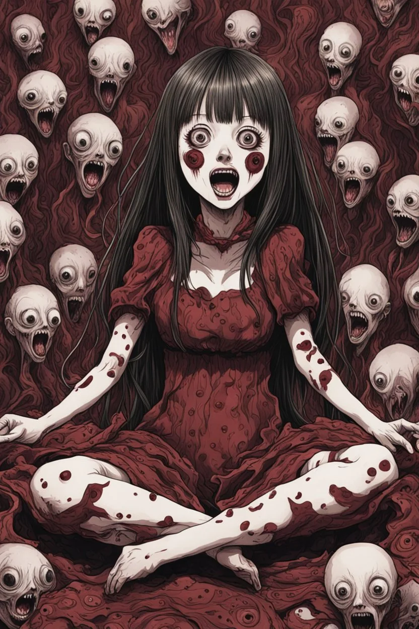 Petit weird woman with many eyes, sit pose, fullbody, screaming, tears, Junji Ito style, darkred tones,