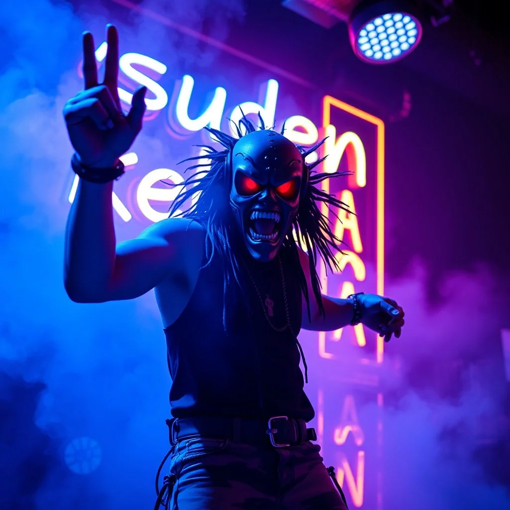 An "suden kebabia" performing at dance club, his name is "suden kebabia" and looks crazy, looks very aggressive look, Neon lights and smog, "suden kebabia" SIGN ON WALL