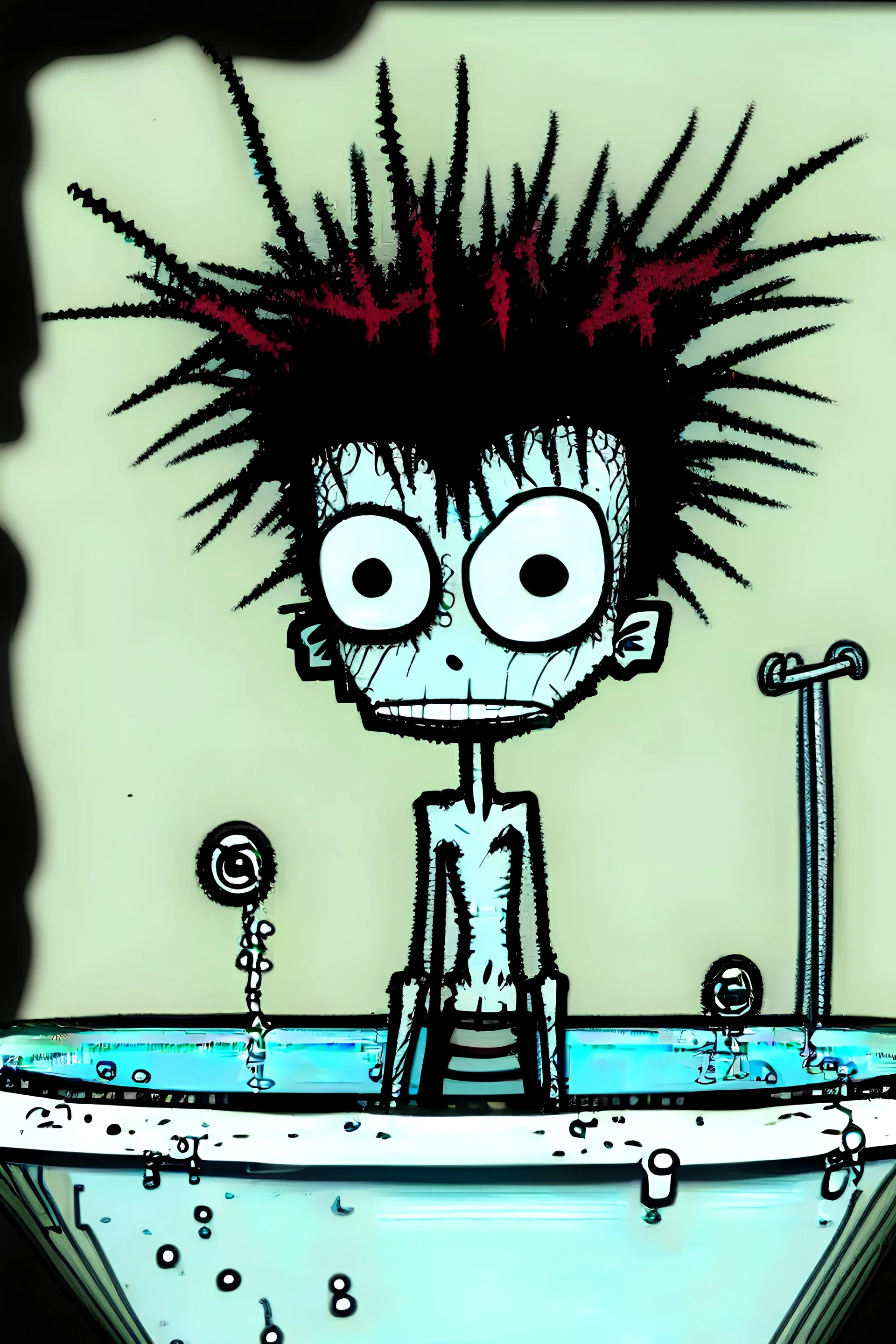 2d drawing of a stickman, cool with punk hair, x eyes like in hangman, slight smile, in luxury jacuzzi ,3d realistic in colour