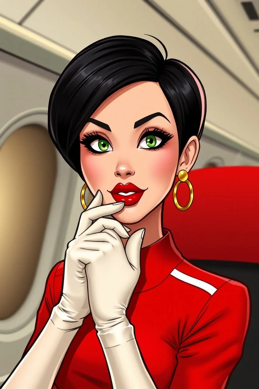 high quality cartoon style image of very feminine, black haired 50 year old sexy Belgian stewardess in well fitting red uniform with short pixie cut and strong, seductive makeup, smoky green eyes, shiny white leather gloves, big thick pouty, bright red lips and large golden earrings who resembles Walthery's Natacha