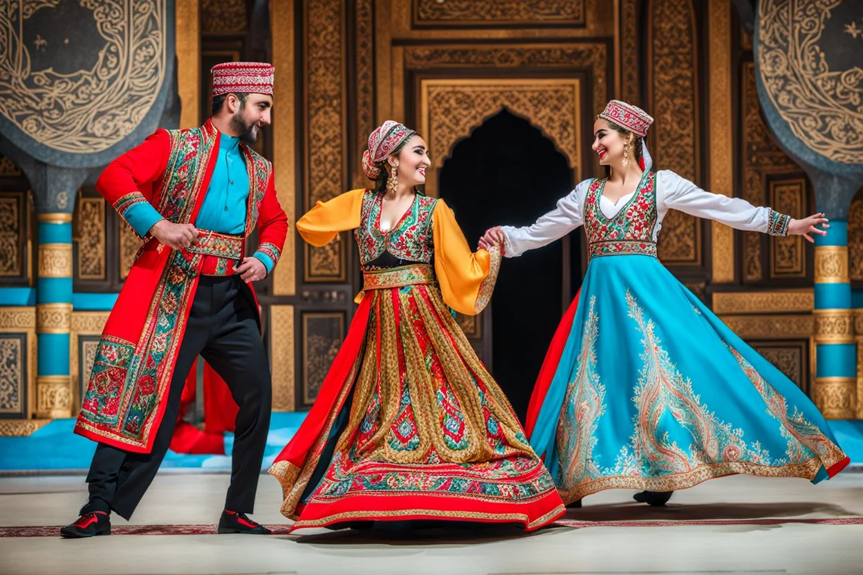 1 man and 1 girl in Azerbaijani costume ,dancing Azerbaijan folk dance together