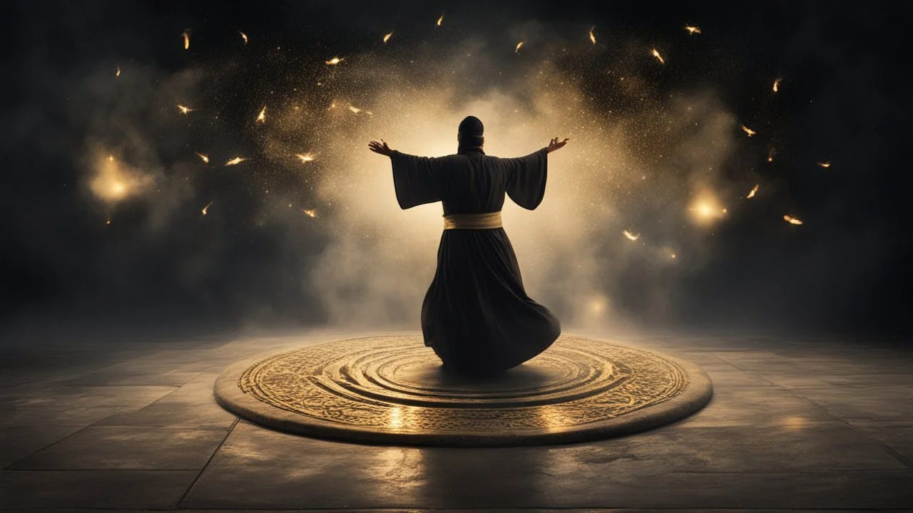 Hyper Realistic Sufi Whirling on stone floor with black & Golden Islamic Sufi Rustic Grungy Background with heavy fog & fireflies at dark night