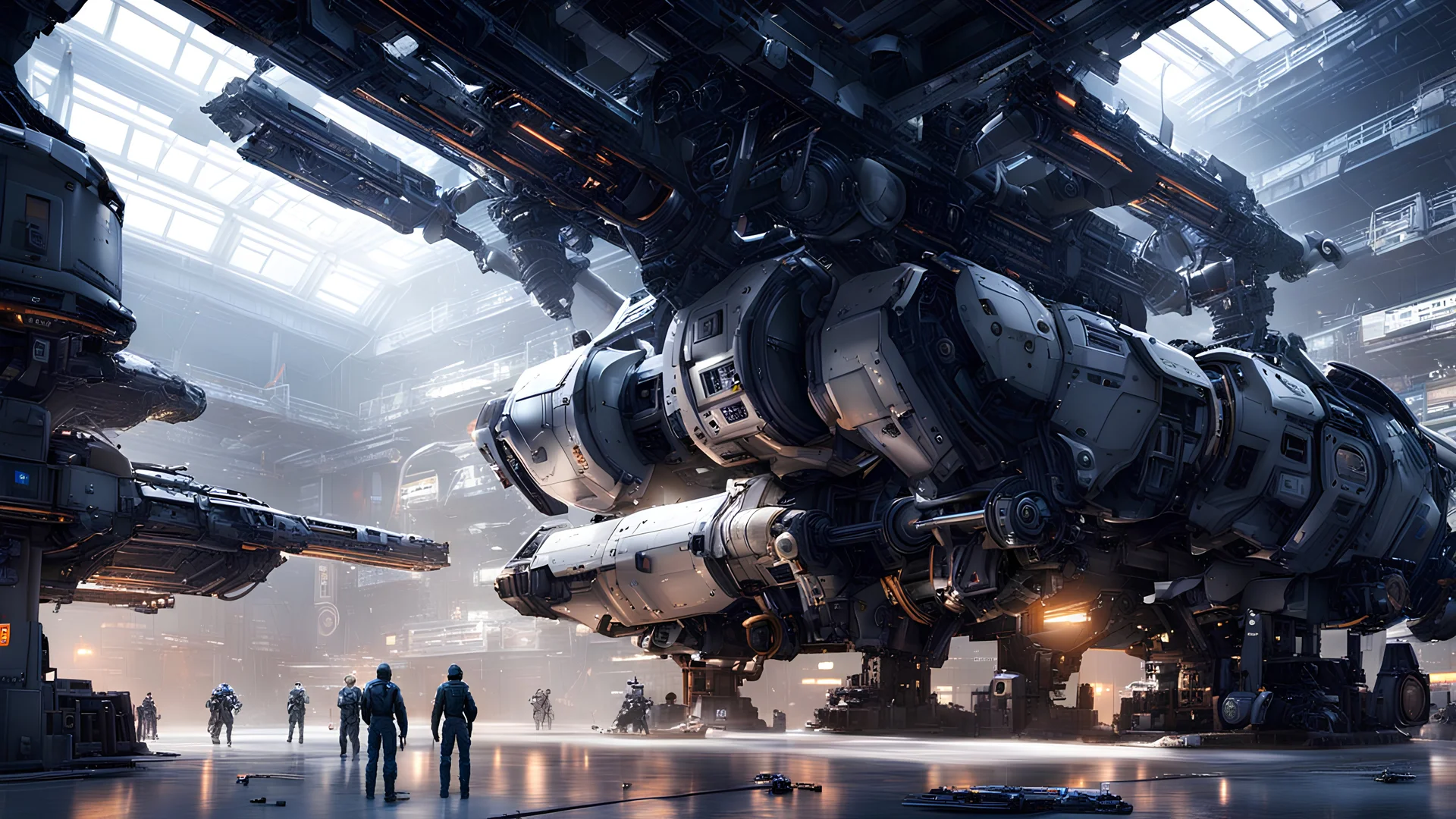 Space, Factory, High detailed, Mechanic, less lights, Realistic details, mecha robot, Sharp,