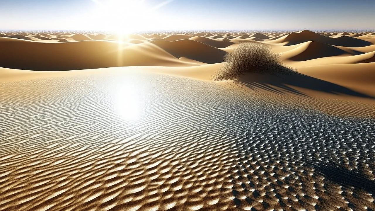 A vast desert where the sand is made up of tiny mirror fragments. During the day, the sun reflects in all directions, creating a blindingly bright landscape. At night, the stars multiply infinitely on the ground.