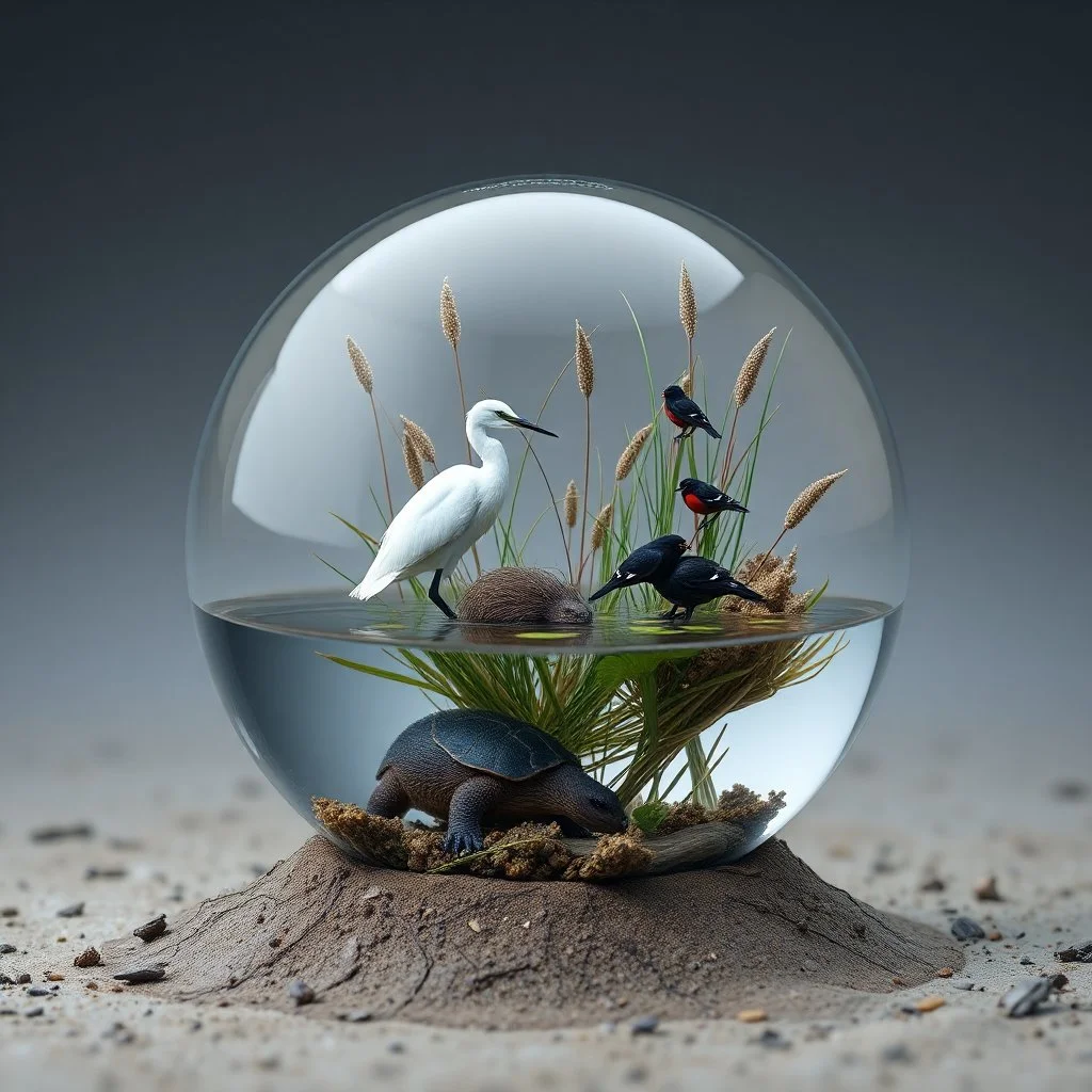 Prompt: A hyperdetailed photorealistic macro image of a glass sphere with a miniature eco system inside. The eco system is that of a coastal wetlands, with water, reeds, a snowy egret, redwing blackbirds, and a muskrat. Place a turtle under the water. Place the glass sphere on a wetlands mud bank with a neutral gray background.