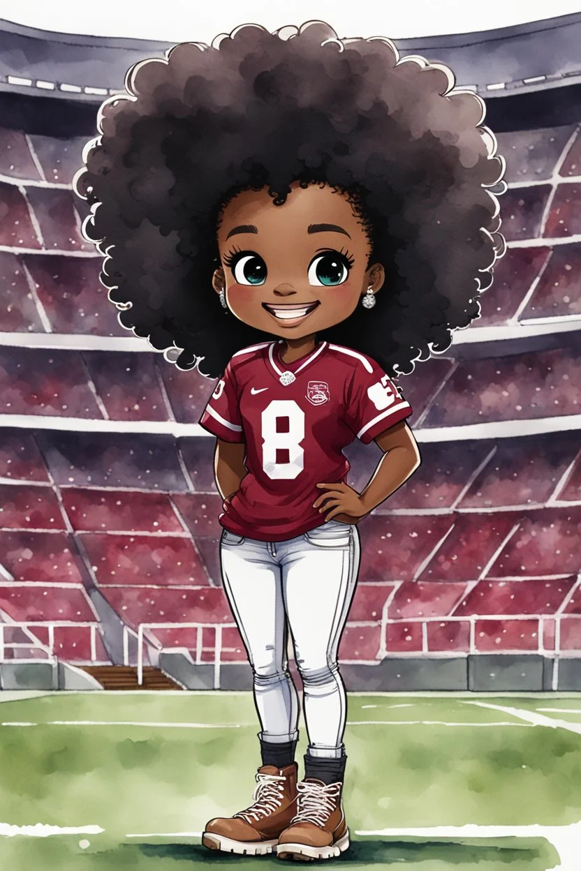 A sassy thick-lined watercolor cartoon image of a black chibi girl standing in front of a football stadium. She is wearing a University of South Carolina football jersey with tight white jeans and timberland boots. behind her curvy body. Looking up coyly, she grins widely, showing sharp teeth. Her poofy hair forms a mane framing her confident, regal expression. Prominent maekup with hazel eyes. Hair is highly detailed.