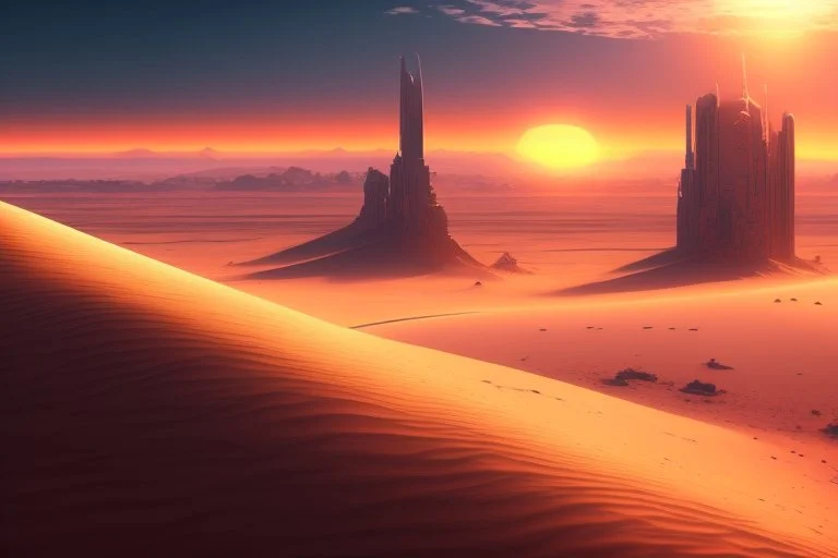 sunrise, distant city, sand, arid land, epic, sci-fi