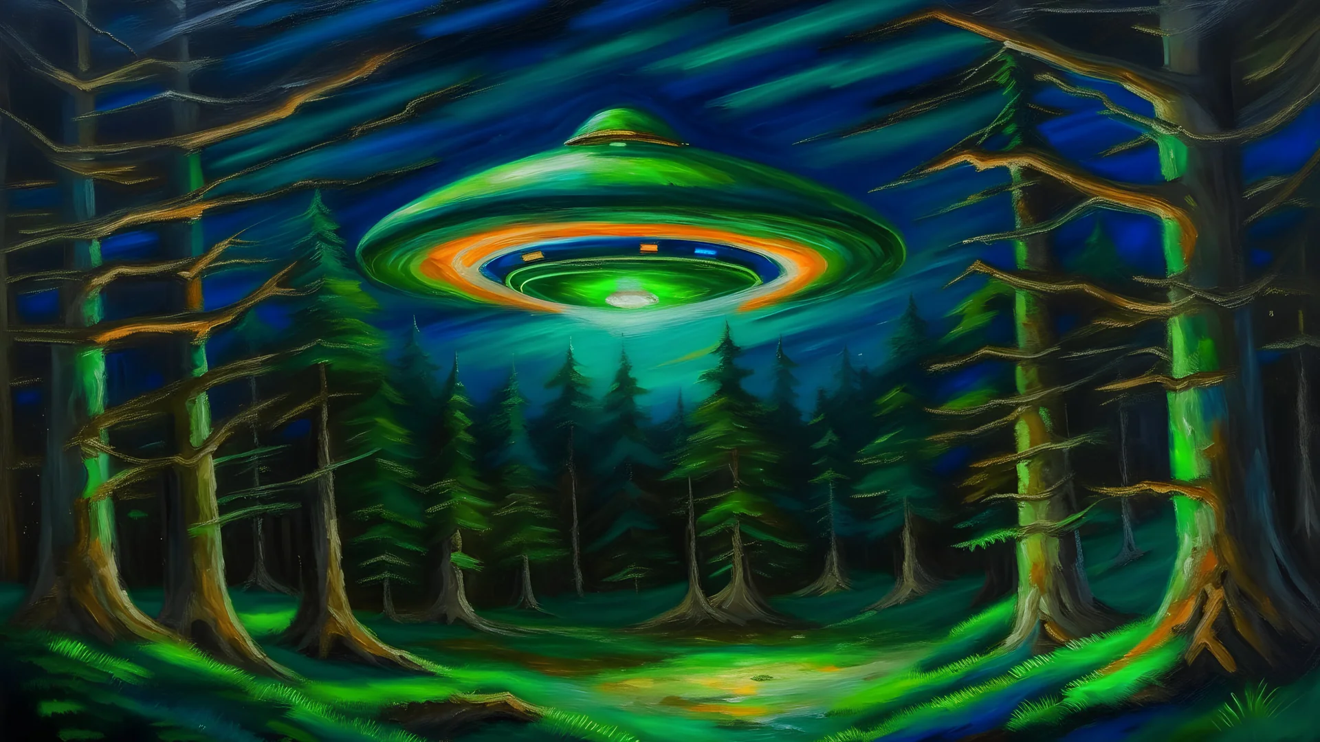 florescent classical oil painting Monet style large ufo in forest zapping avocado