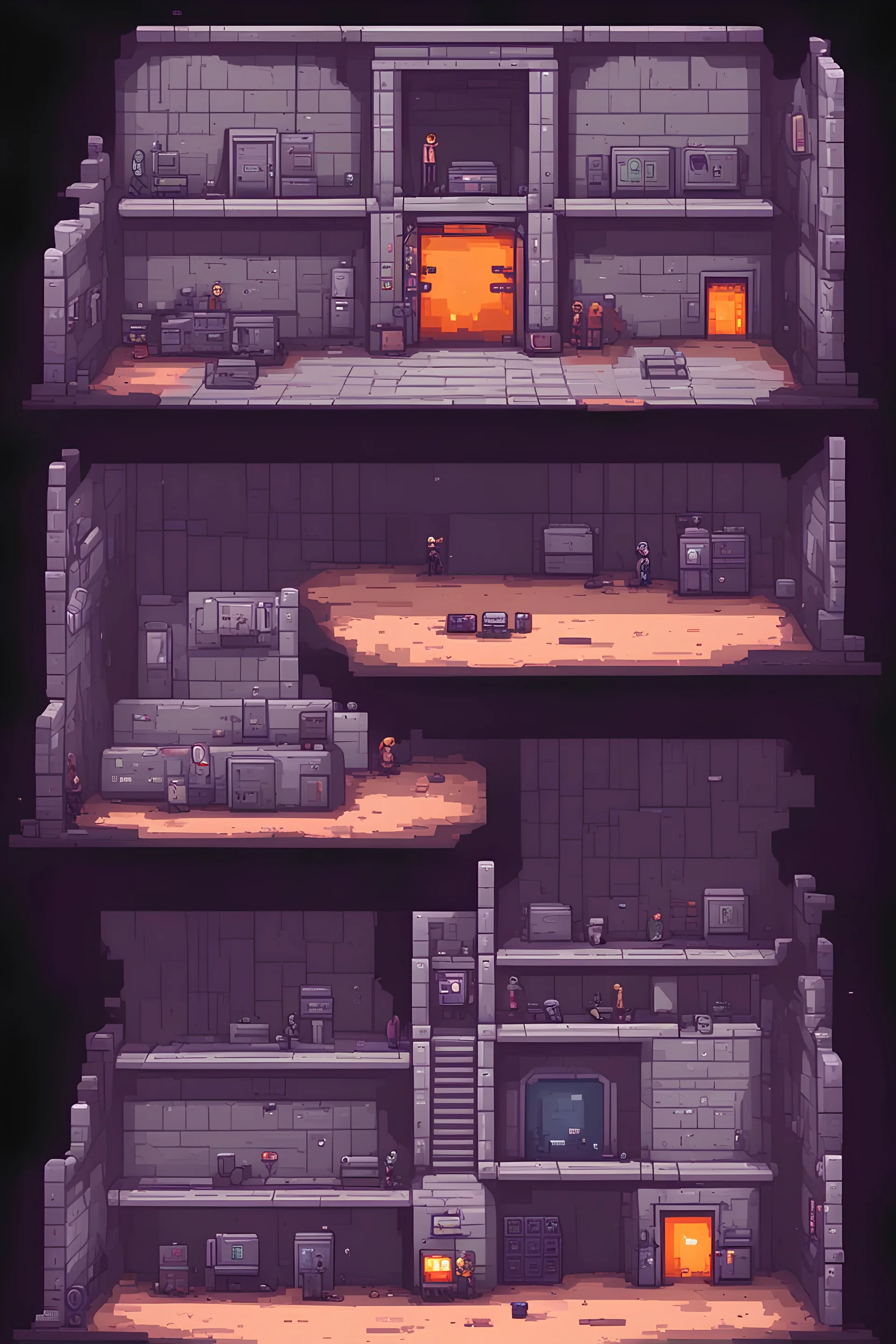 2d pixel art environement, old abandoned human underground military bunker, use for experimentation, laboratory. platform video game