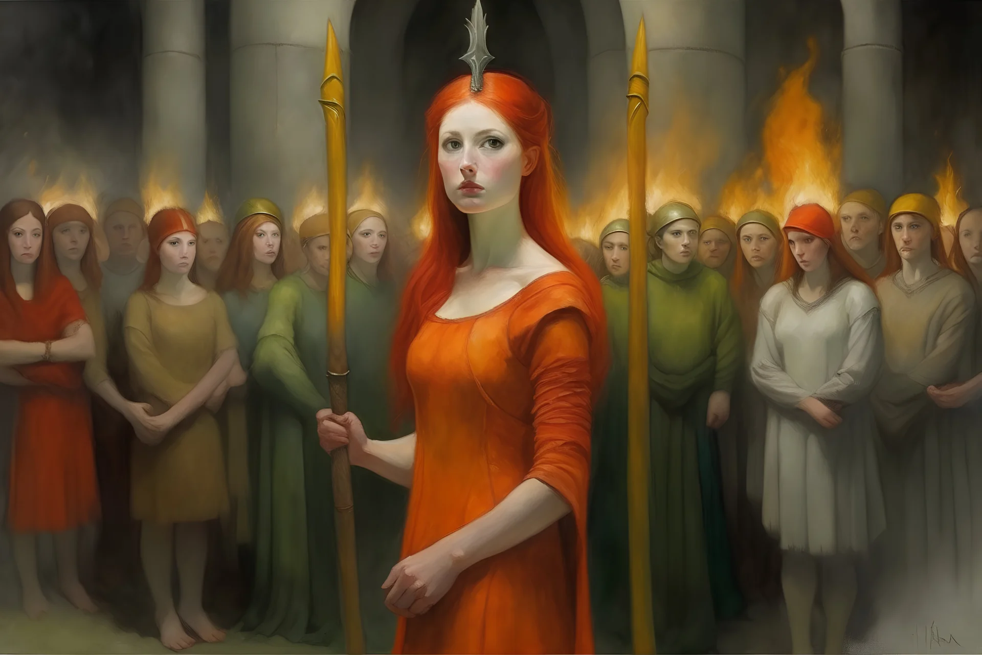 Painting of a redhead young woman queen at the stake