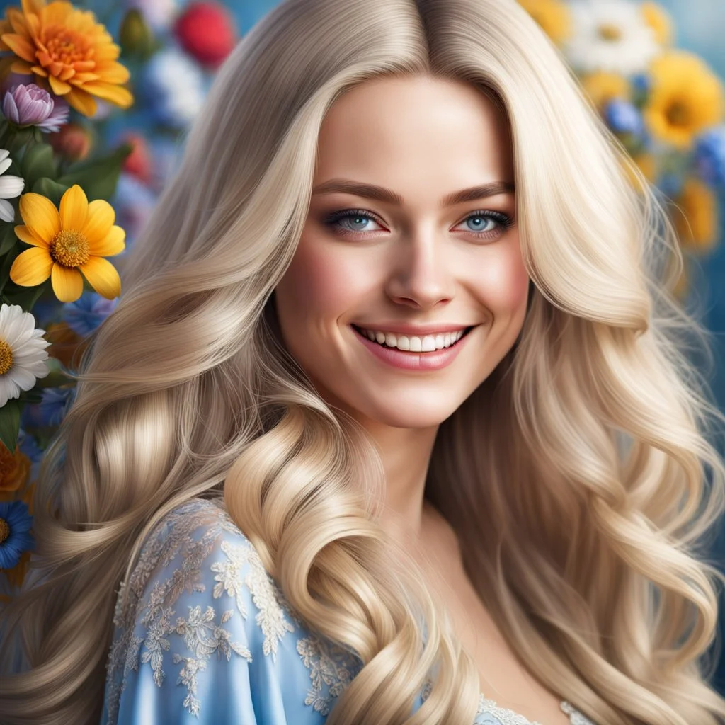 (best quality, 4k, 8k, highres, masterpiece:1.2), ultra-detailed, (realistic, photorealistic, photo-realistic:1.37),hyper realistic, gorgeous smiling 1woman,long hair,looking at viewer,realistic proportions,blue eyes,hair ornament,dress,very long hair,flower, blonde hair,parted lips,necklace,white dress,orange hair,lips,blurry background,freckles,realistic,head wreath,orange flower,realistic portrait